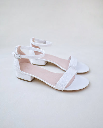 White Glitter Low Block Heel Bridal Sandals