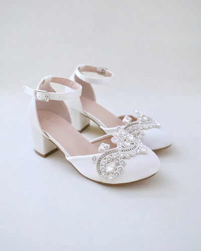 ivory satin girls block heels with rhinestones applique on vamp