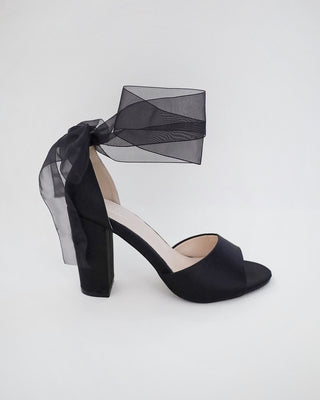 Satin Block Heel Evening Sandals with Wrapped Ribbon TieWomen Shoes