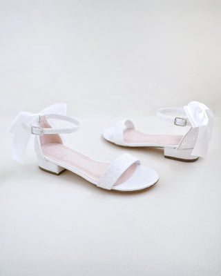 White Glitter low block heels wedding sandals with satin bow