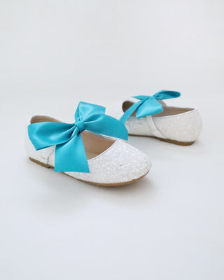 White Rock Glitter Mary Jane with Aqua Blue Or Teal Satin Bow