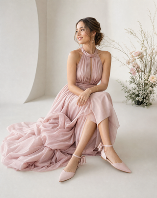 Dusty Pink Satin Pointy Toe Evening Flats with Back Tuxie Bow