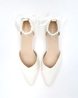 Satin Pointy Toe Low Block Heels Wedding Shoes with All Pearls Ankle Strap