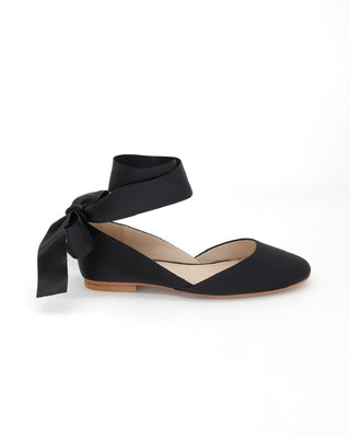 Black Satin Round Toe Evening Flat with Wrapped Ribbon Tie