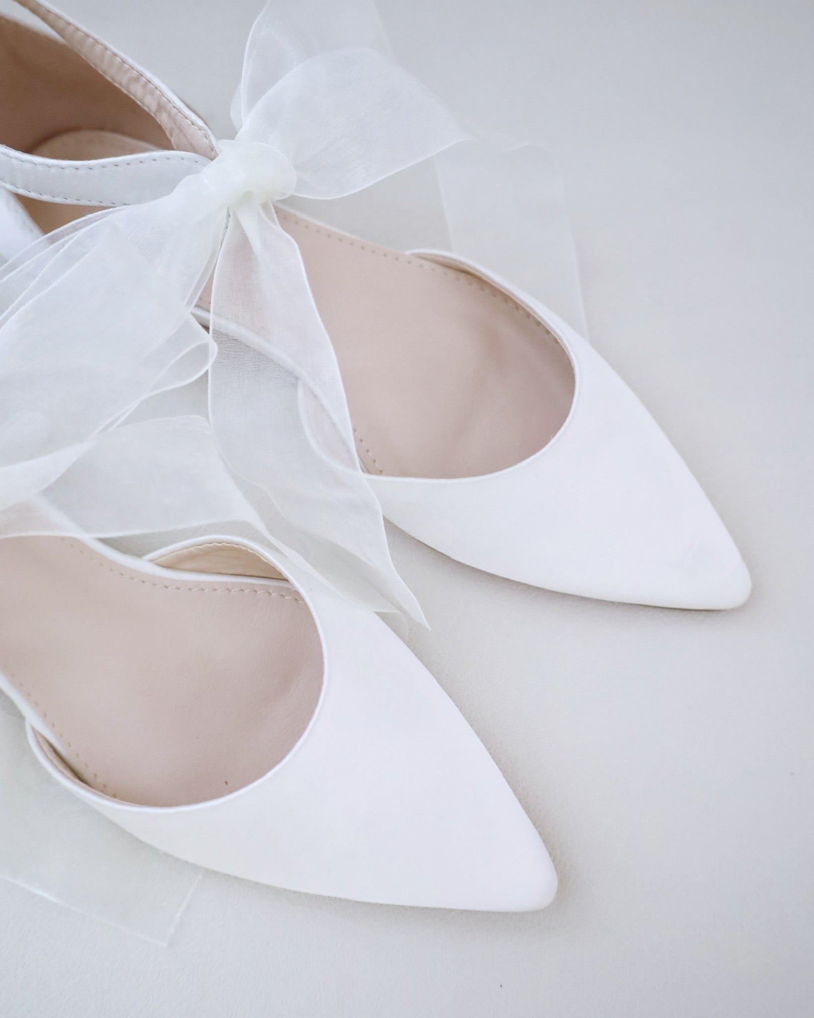 Ivory Satin Pointy Toe Flats with Chiffon Ribbon Tie Wedding