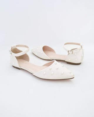 Satin Pointy Toe Flats with Scattered Pearls