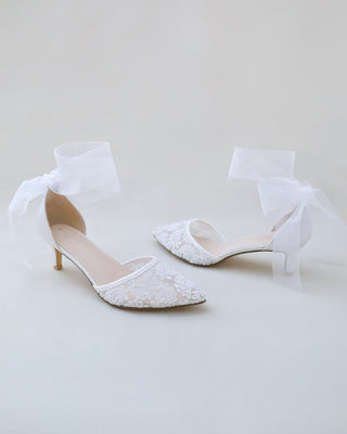 Crochet Lace Pointy Toe Wedding Low Heels with Wrapped Ankle Tie