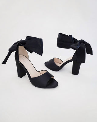 Black Satin Evening Heels Sandals with Wrapped Ribbon Tie