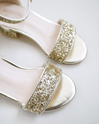 Rock Glitter Low Block Heel Girls Sandals with Back Satin Bow