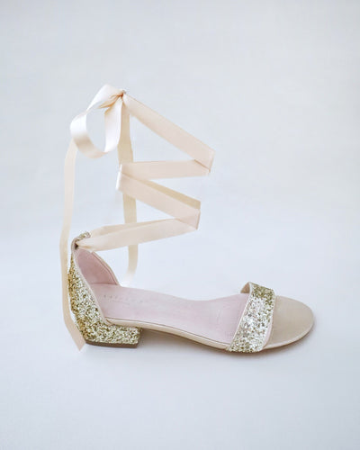 Gold Rock Glitter Low Block Heel Ballerina Bridal Sandals