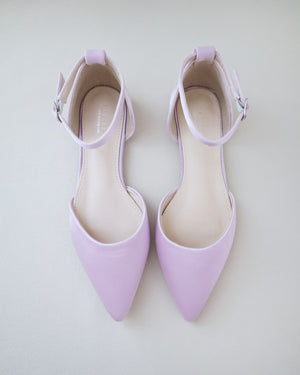 Lavender Satin Pointy Toe Flats with Ankle Strap, Bridesmaids Shoes