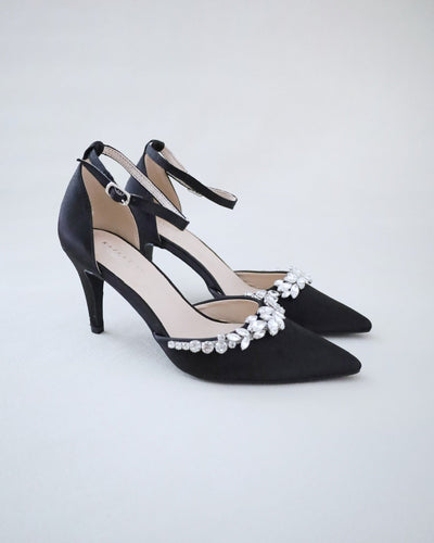 black satin pointy toe bridesmaids heels with rhinestones
