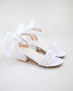 Crochet Lace Low Block Heel Girls Sandals with Back Satin Bow
