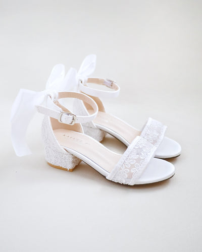 White Lace Low Block Heel Flower Girls Sandals with Back Satin Bow