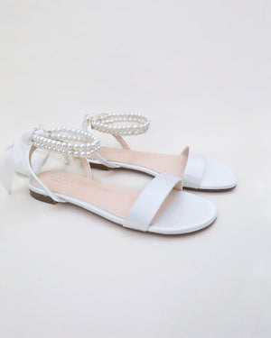 Satin Wedding Flat Sandal with Double Pearls Strap