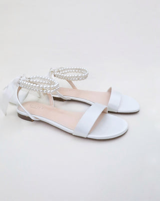 White Satin Wedding Flat Sandal with Double Pearls Strap