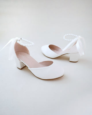 Girls Satin Block Heel with All Pearls Ankle Strap