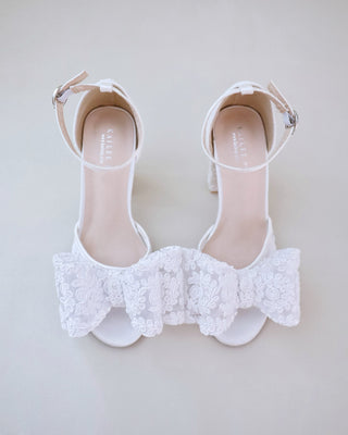 Crochet Lace Block Heel Sandals with Oversized Crochet Lace Bow