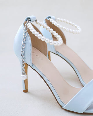 light blue satin high heel wedding sandals with pearl strap