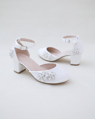 Girls Satin Block Heel with Rhinestones Chassia Flowers