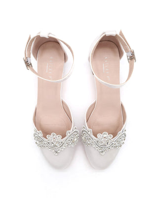 Round Toe Satin Block Heel with Small Rhinestones Applique