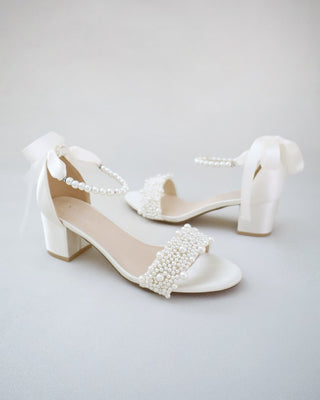 Satin Block Heel Wedding Sandals with Perla Applique and All Pearls Strap