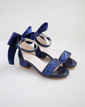 Rock Glitter Low Block Heel Girls Sandals with Back Satin Bow