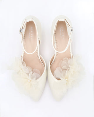 Satin Almond Toe Block Heels Wedding Shoes with Ophelia Flowers