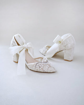 ivory crochet wedding block heels with pearl applique
