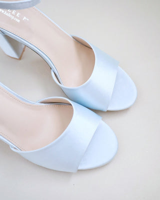 light blue satin block heels wedding shoes