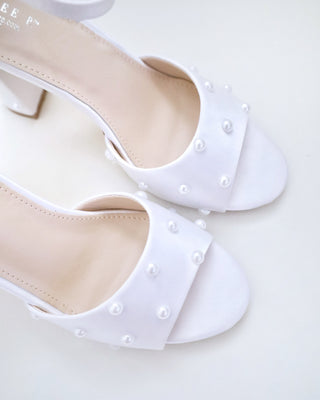 Satin Block Heel Wedding Sandals with Scattered Pearls