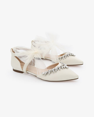 Satin Pointy Toe Flats with Starlet Rhinestones Embellishment and Organza TieWomen Shoes