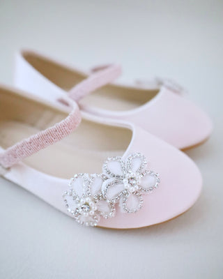 Satin Mary Jane Flats with Rhinestones Chassia Flower