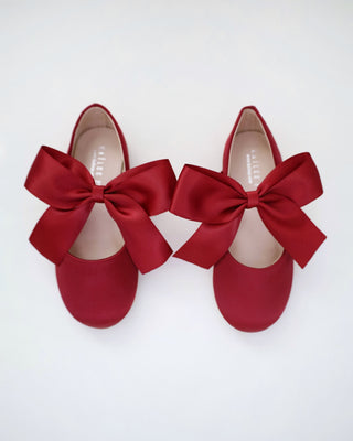 Burgundy Satin Mary Jane Flats with Satin Bow, Holiday Shoes