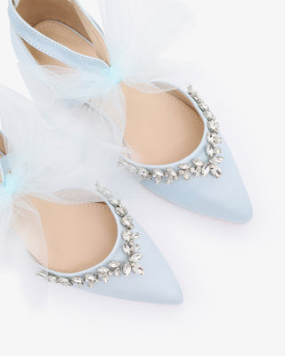 Light blue satin pointy toe bridal flats with starlet rhinestone embellishment and organza bow tie, elegant wedding shoes