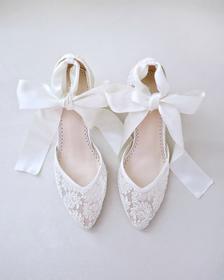 ivory lace block heels with ankle tie