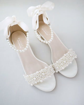 Satin Block Heel Wedding Sandals with Perla Applique and All Pearls Strap