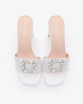 Satin Block Heels Slide Wedding Sandals with Pearlisse BuckleWomen Shoes