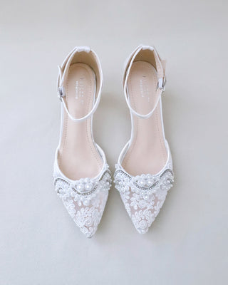 white crochet lace wedding low heel with pearls