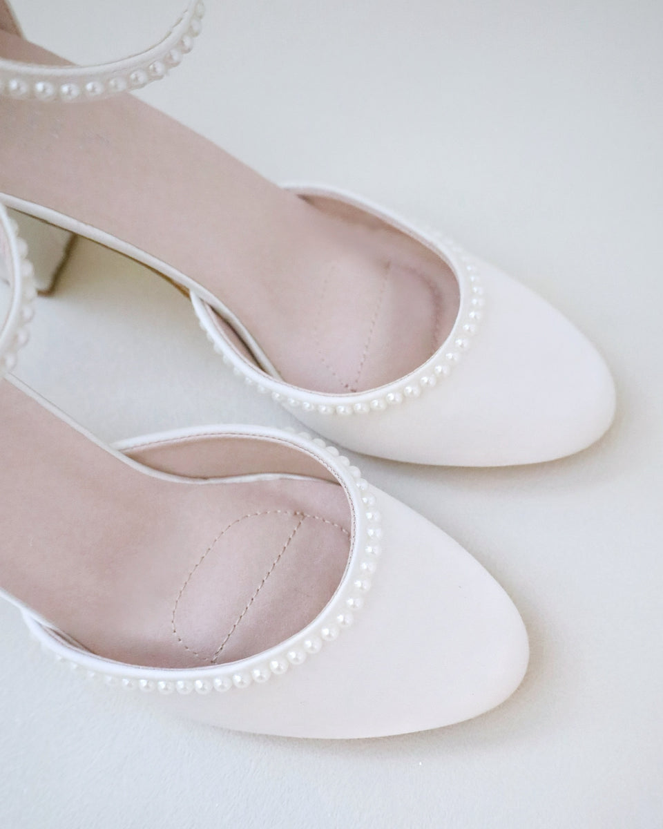 Ivory Satin Block Heel with Mini Pearls - Women Shoes, Wedding Shoes ...