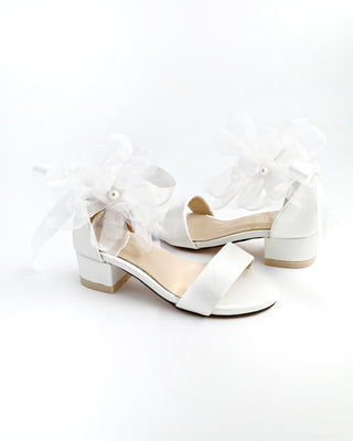 Satin Block Heel Girls Sandals with Ophelia Flowers