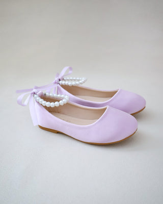 lavender satin girls flat with pearls strap