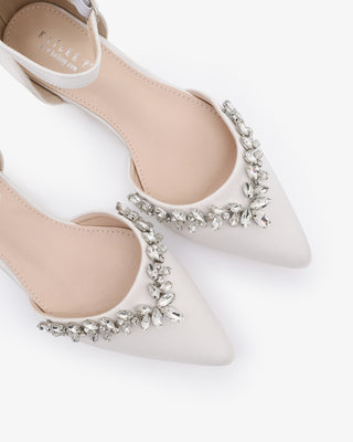 White Satin Pointy Toe Flats Wedding Shoes with Starlet Rhinestones Embellishments
