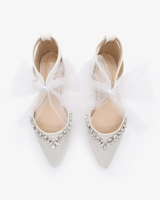 White satin pointy toe bridal flats with starlet rhinestone embellishment and organza bow tie, elegant wedding shoes