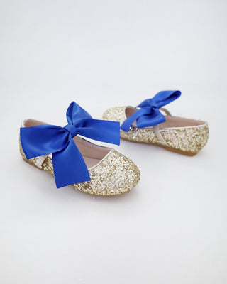 Gold Rock Glitter Mary Jane with Red or Royal Blue Satin BowKids Shoes