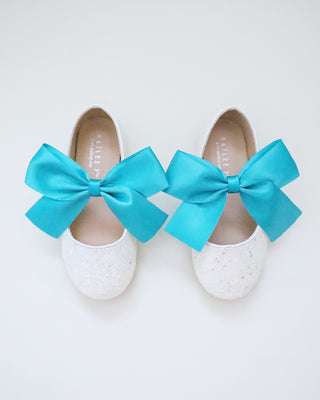 White Rock Glitter Mary Jane with Aqua Blue Or Teal Satin Bow