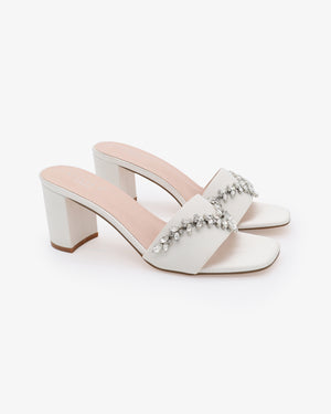 Satin Block Heels Slide Wedding Sandals with Starlet Rhinestones Embellishments