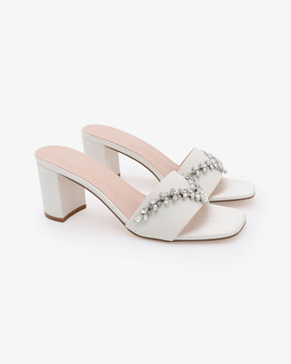 Satin Block Heels Slide Wedding Sandals with Starlet Rhinestones EmbellishmentsWomen Shoes