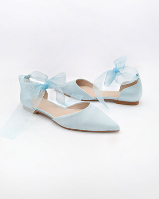 Satin Pointy Toe Bridal Flats with Ribbon Tie or Pearls StrapWomen Shoes