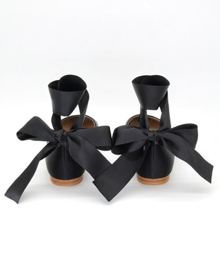 Black Satin Round Toe Evening Flat with Wrapped Ribbon Tie